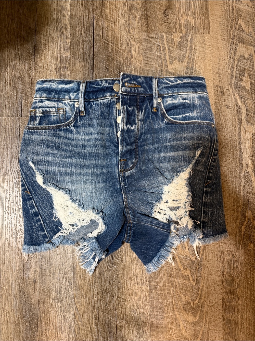 Good American Frayed Dark Blue Distressed Denim Shorts